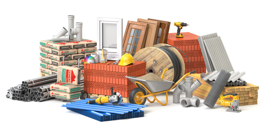 Construction materials and tools isolated on white background. 3d illustration
