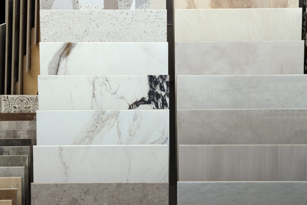 Many different samples of tiles on display in store