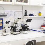 Functional clinical laboratory setup featuring two optical microscopes and essential scientific resources for advanced medical research